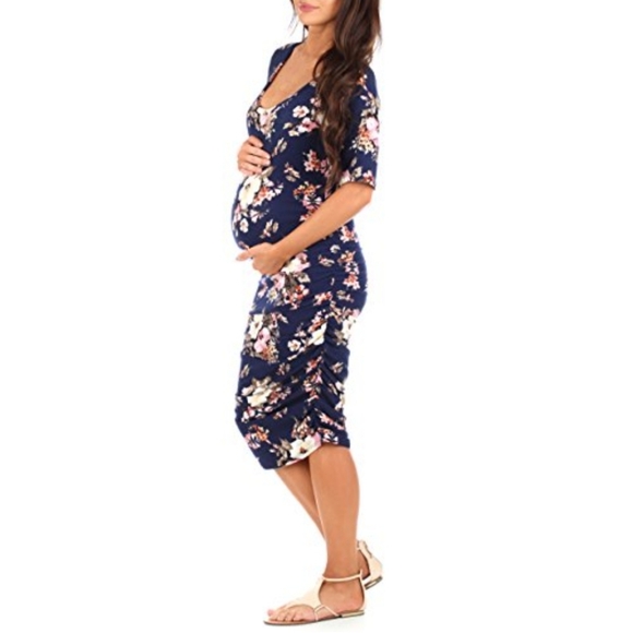 MOTHER BEE FLORAL 3/4 SLEEVES RUCHED STRETCHY COMFORTABLE MATERNITY DRESS XL - Picture 1 of 13